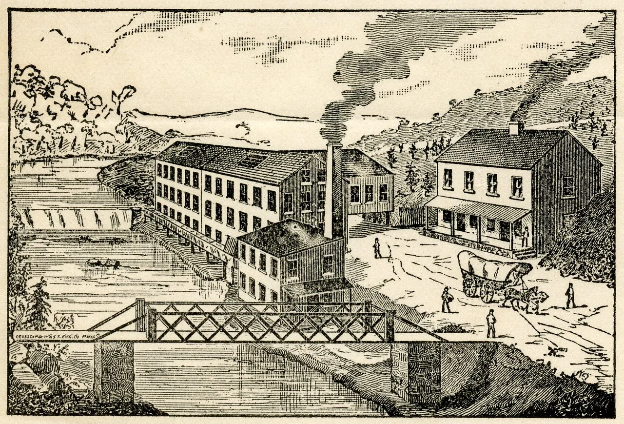 An engraving of the Elkin Valley Woolen Mill in the 1800s, with smokestacks and mill buildings.