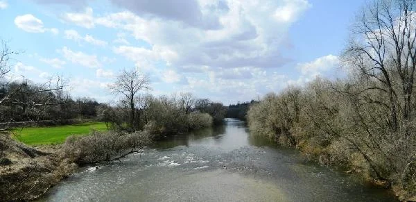 The Yadkin River flows between grassy, tree-lined banks under a cloudy sky.